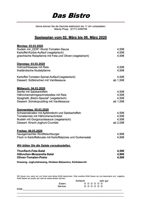 (Reklame) Der aktuelle Speiseplan für (Reklame) Der aktuelle Speiseplan für